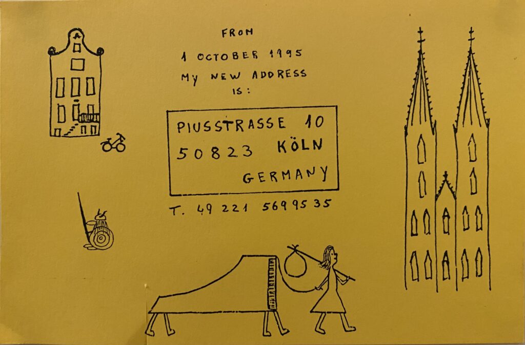 The postcard I send back in 1995 with my new adress. In the image there is an Amsterdam House, a Viking, a cathedral and me guiding my walking harpsichord on the line, and carrying a clothes bag hanging on a stick.